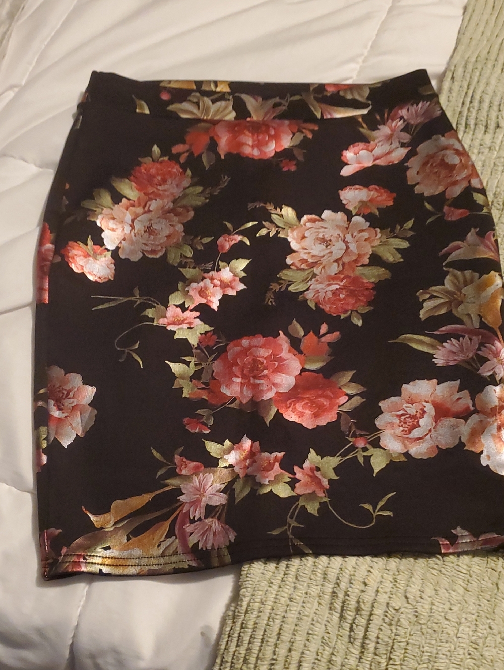 Floral Pencil Skirt - Black with Pink & Coral Roses Metallic Print